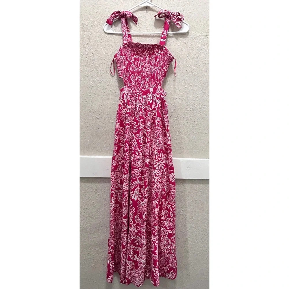 Sincerely Jules Fuchsia Pink and White Smocked Maxi Dress w/ Side Cutouts XS